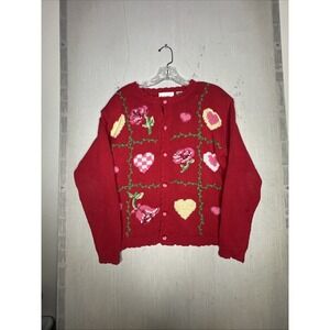 Alexandra Bartlett Red Floral & Heart Print Valentines Day Knit Sweater | Sz: M